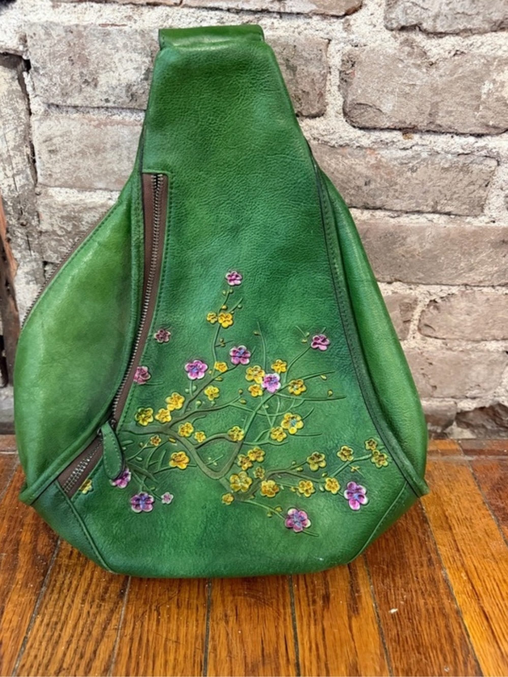 Green Floral Embroidered Sling Bag